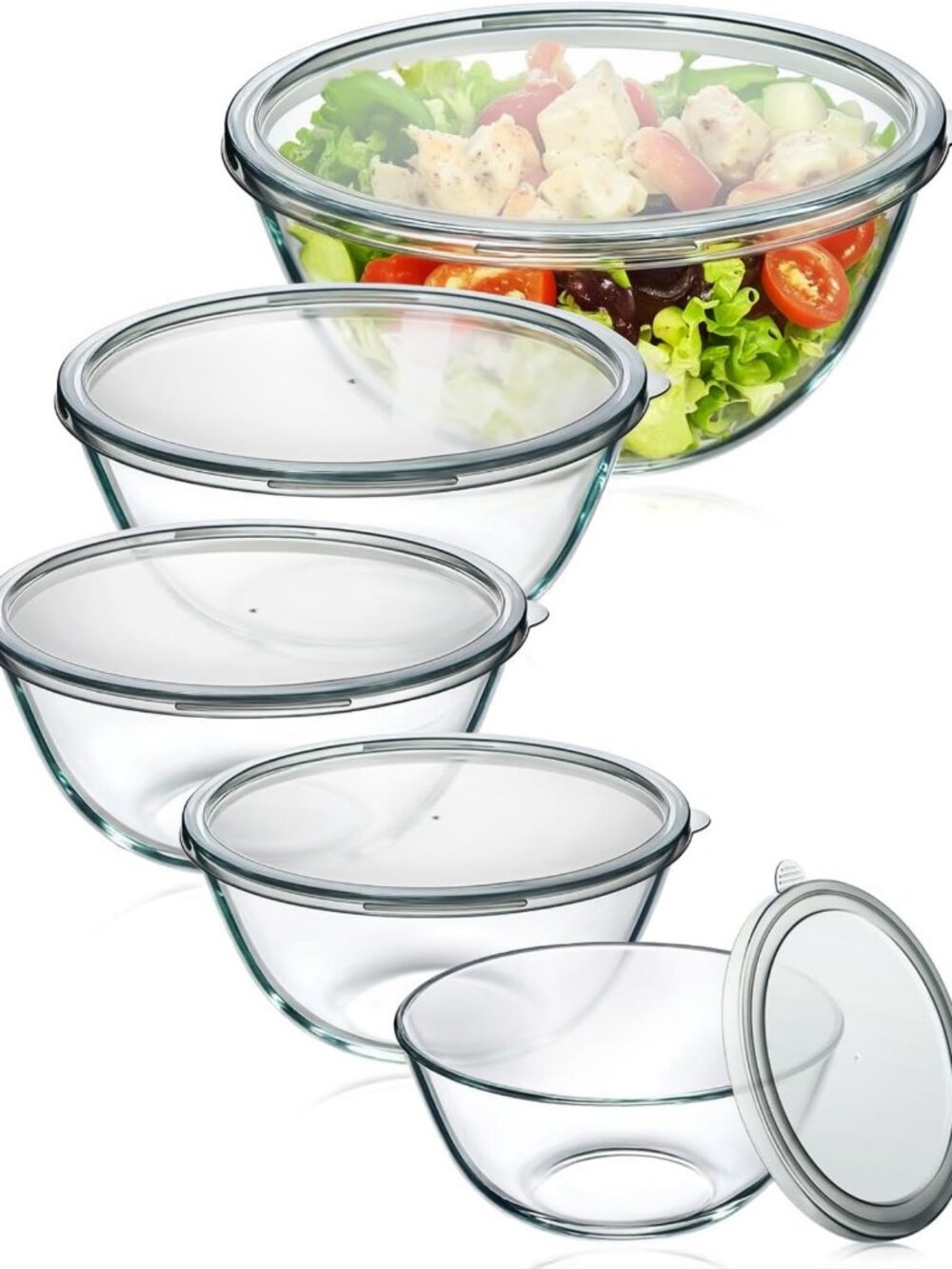 Set of 5 Glass Mixing Bowls with Lids - Nesting, Thick, Dishwasher Safe for